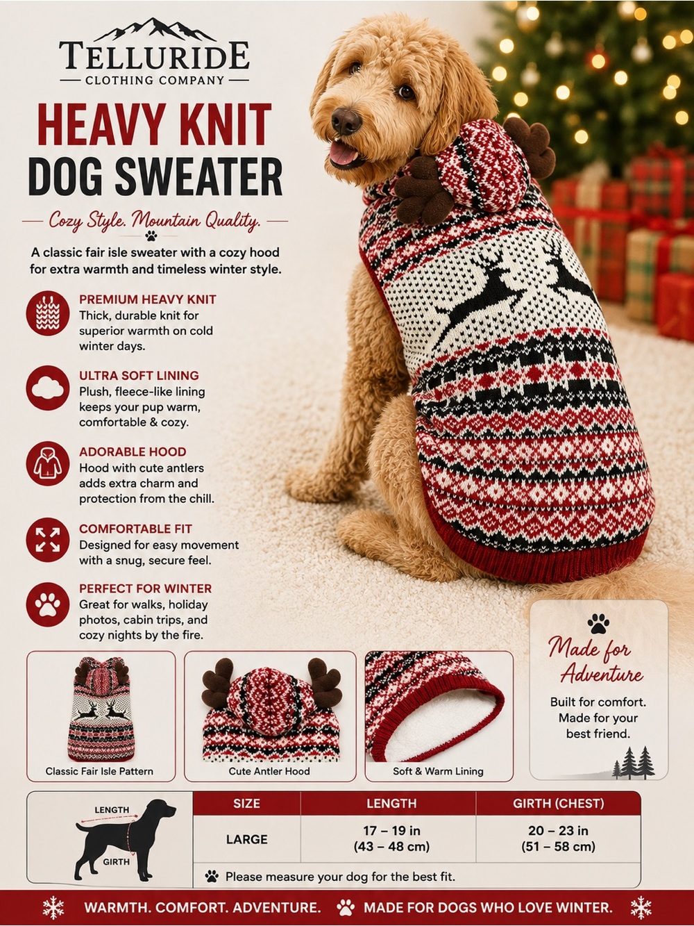 Telluride Heavy Knit Dog Sweater with Antler Hood - Red & White